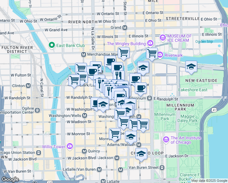 map of restaurants, bars, coffee shops, grocery stores, and more near 111 North Dearborn Street in Chicago