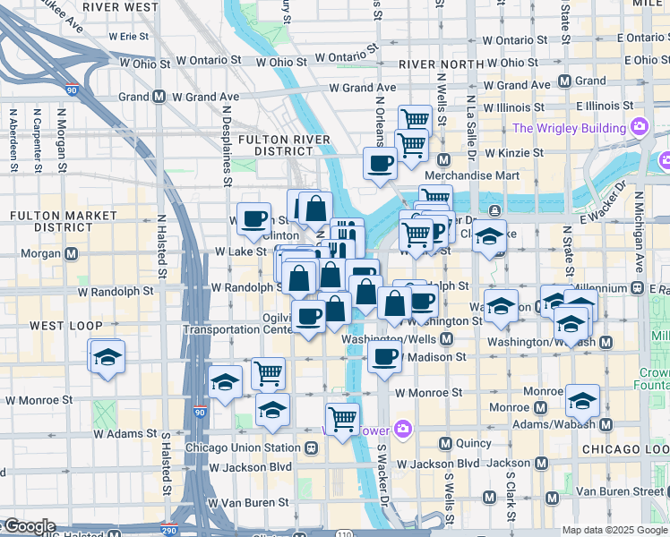 map of restaurants, bars, coffee shops, grocery stores, and more near 2 North Riverside Plaza in Chicago