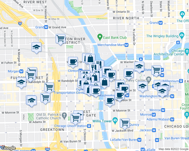 map of restaurants, bars, coffee shops, grocery stores, and more near 2 North Riverside Plaza in Chicago
