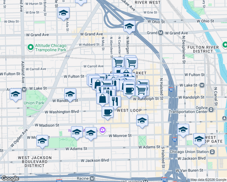map of restaurants, bars, coffee shops, grocery stores, and more near in Chicago