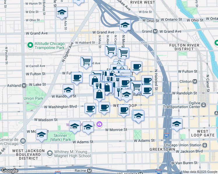 map of restaurants, bars, coffee shops, grocery stores, and more near 1042 West Randolph Street in Chicago