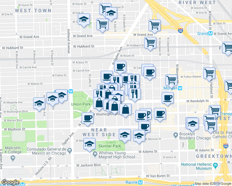 map of restaurants, bars, coffee shops, grocery stores, and more near 1334 West Randolph Street in Chicago
