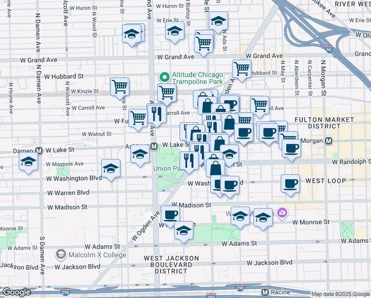 map of restaurants, bars, coffee shops, grocery stores, and more near 1419-1501 W Randolph St in Chicago