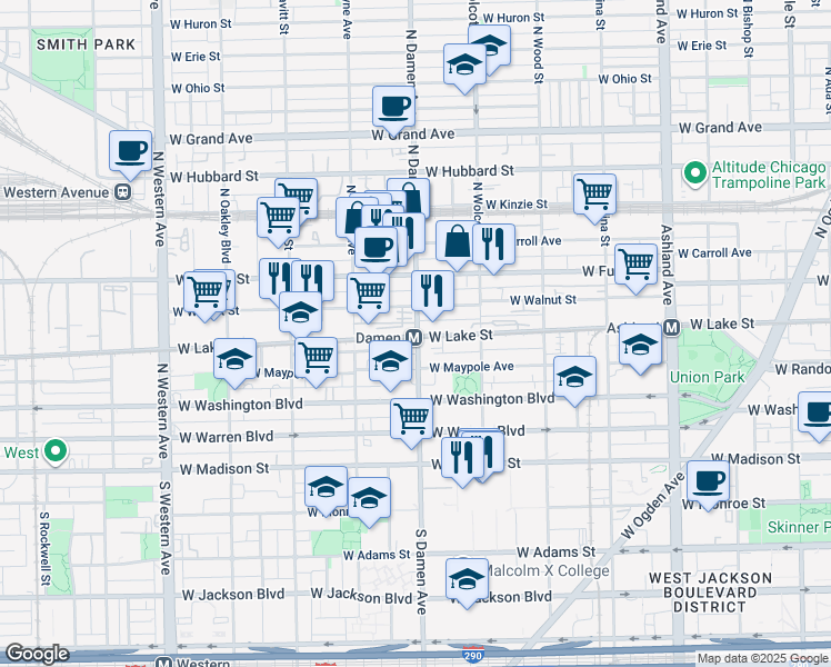 map of restaurants, bars, coffee shops, grocery stores, and more near 1963 West Lake Street in Chicago