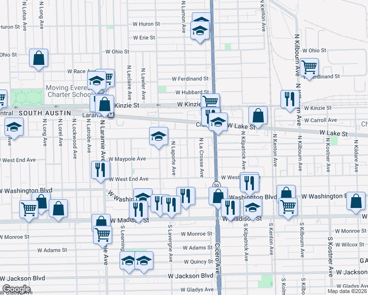 map of restaurants, bars, coffee shops, grocery stores, and more near 201 North Laporte Avenue in Chicago