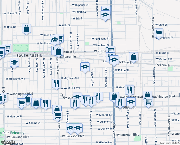 map of restaurants, bars, coffee shops, grocery stores, and more near 185 North Lavergne Avenue in Chicago