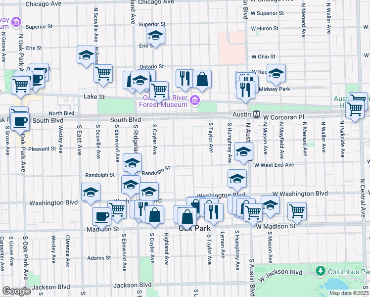 map of restaurants, bars, coffee shops, grocery stores, and more near 221 South Lombard Avenue in Oak Park