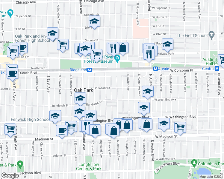 map of restaurants, bars, coffee shops, grocery stores, and more near 221 South Lombard Avenue in Oak Park