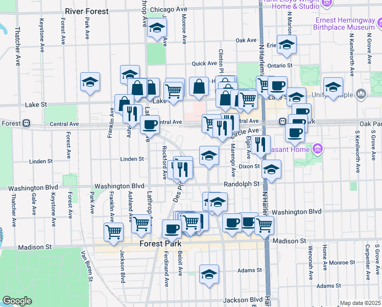map of restaurants, bars, coffee shops, grocery stores, and more near 7435 Dixon Street in Forest Park