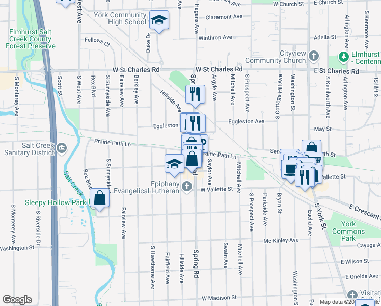 map of restaurants, bars, coffee shops, grocery stores, and more near 525 Spring Road in Elmhurst