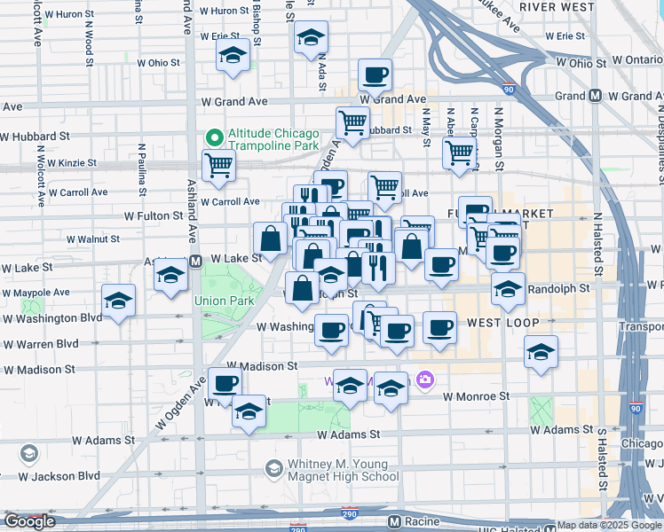 map of restaurants, bars, coffee shops, grocery stores, and more near 175 North Ada Street in Chicago