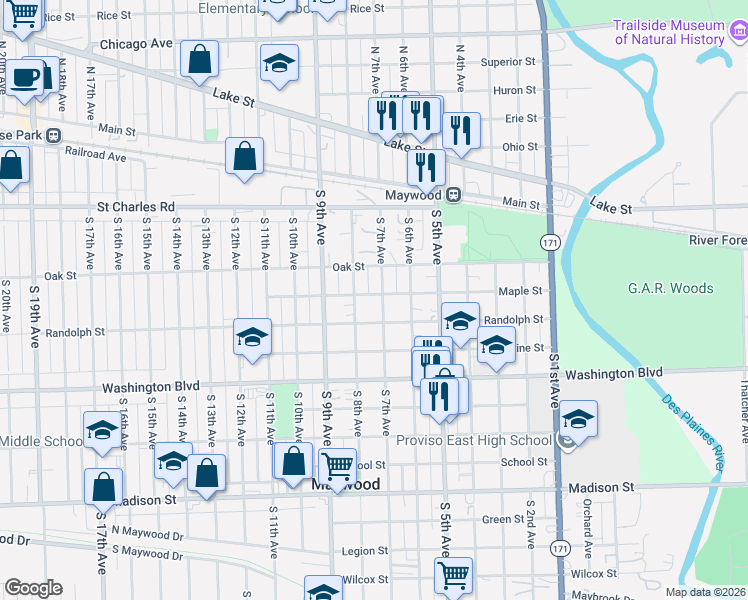 map of restaurants, bars, coffee shops, grocery stores, and more near 318 South 7th Avenue in Maywood