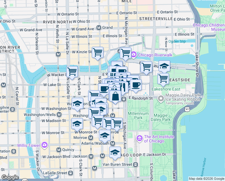 map of restaurants, bars, coffee shops, grocery stores, and more near 154 North Garland Court in Chicago