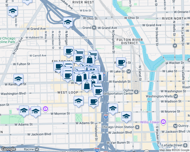 map of restaurants, bars, coffee shops, grocery stores, and more near 738 West Couch Place in Chicago