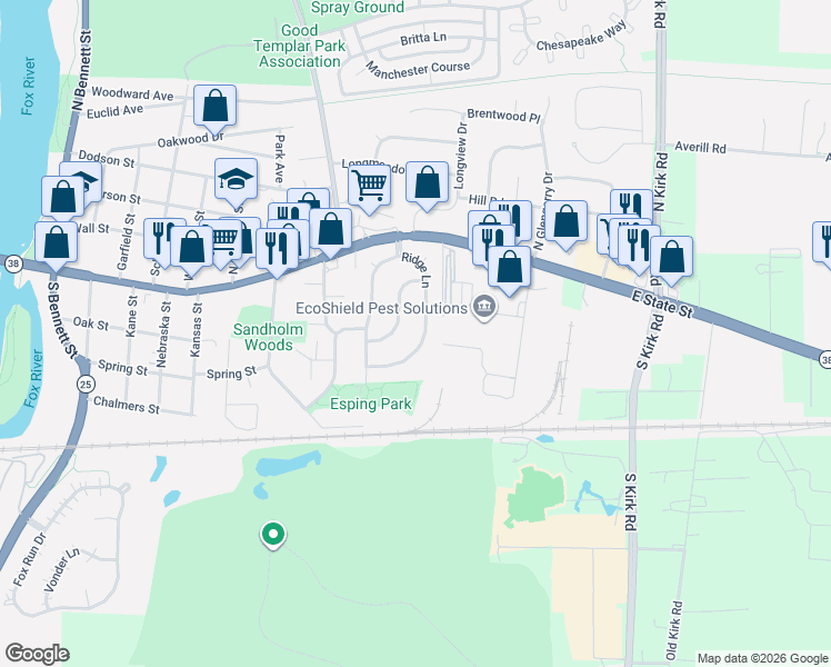 map of restaurants, bars, coffee shops, grocery stores, and more near 124 Ridge Lane in Geneva