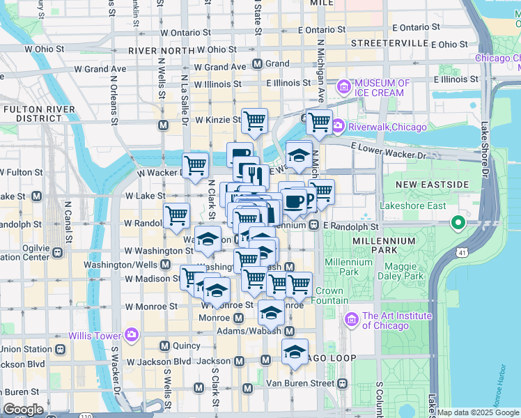 map of restaurants, bars, coffee shops, grocery stores, and more near North State Street in Chicago