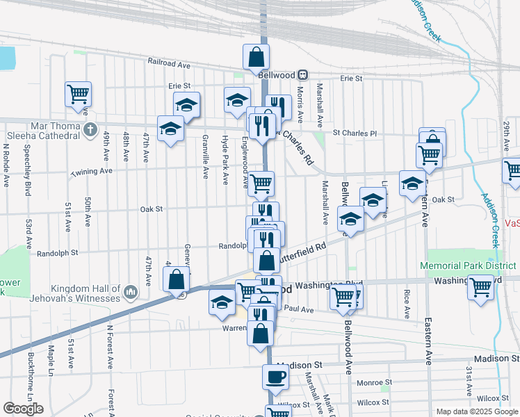 map of restaurants, bars, coffee shops, grocery stores, and more near 400 U.S. 45 in Bellwood