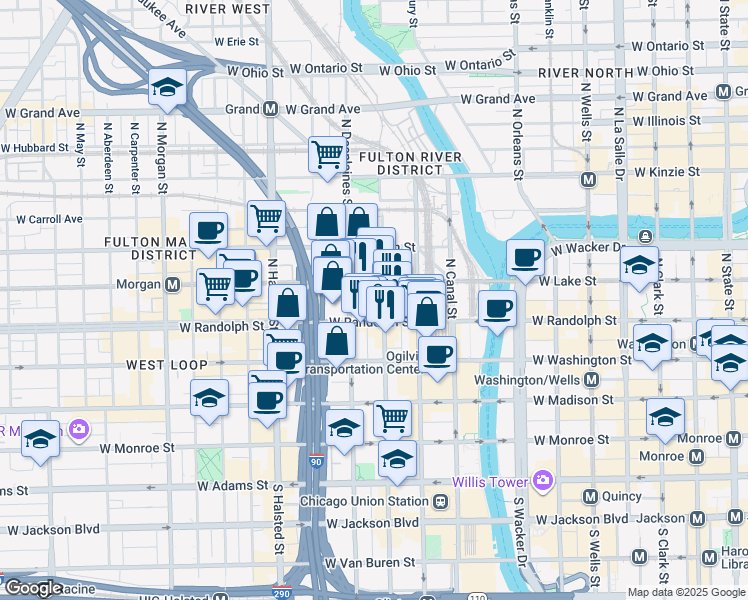 map of restaurants, bars, coffee shops, grocery stores, and more near 174 North Jefferson Street in Chicago