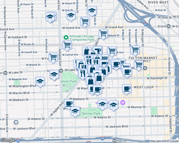 map of restaurants, bars, coffee shops, grocery stores, and more near 1364 West Randolph Street in Chicago