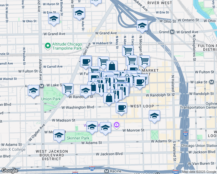 map of restaurants, bars, coffee shops, grocery stores, and more near 1200 West Randolph Street in Chicago