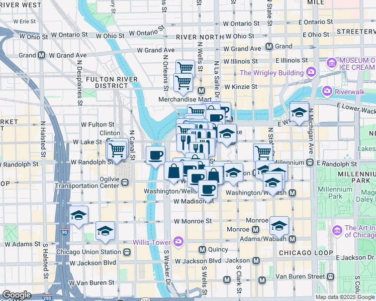 map of restaurants, bars, coffee shops, grocery stores, and more near 218 West Randolph Street in Chicago