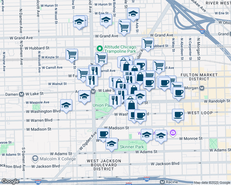 map of restaurants, bars, coffee shops, grocery stores, and more near 1501 West Randolph Street in Chicago