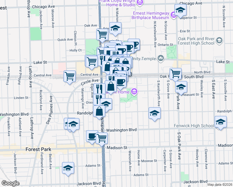 map of restaurants, bars, coffee shops, grocery stores, and more near 227 South Marion Street in Oak Park