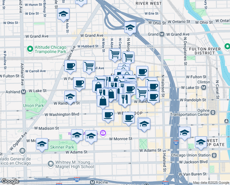 map of restaurants, bars, coffee shops, grocery stores, and more near 1042 West Randolph Street in Chicago