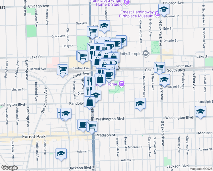 map of restaurants, bars, coffee shops, grocery stores, and more near 227 South Marion Street in Oak Park