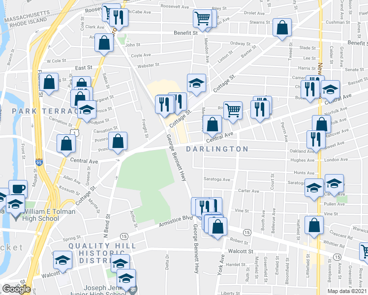 map of restaurants, bars, coffee shops, grocery stores, and more near 4 Winthrop Avenue in Pawtucket