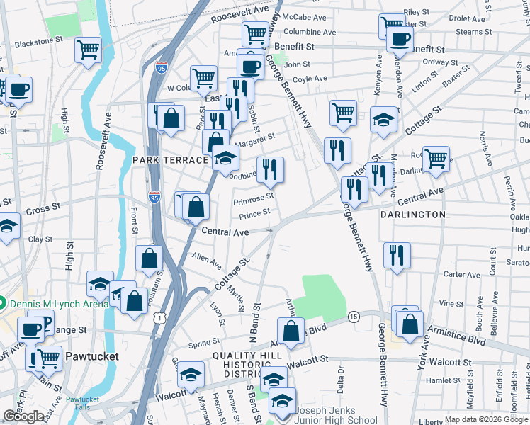 map of restaurants, bars, coffee shops, grocery stores, and more near 260 Central Avenue in Pawtucket