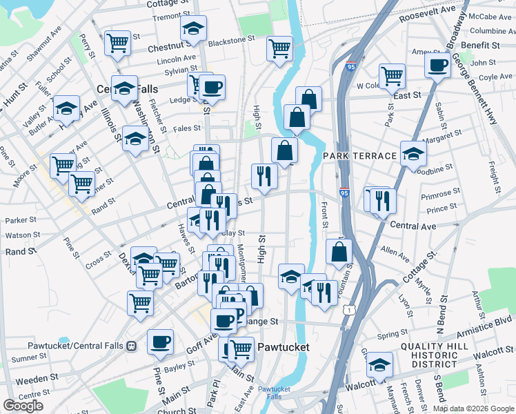 map of restaurants, bars, coffee shops, grocery stores, and more near 374 High Street in Central Falls