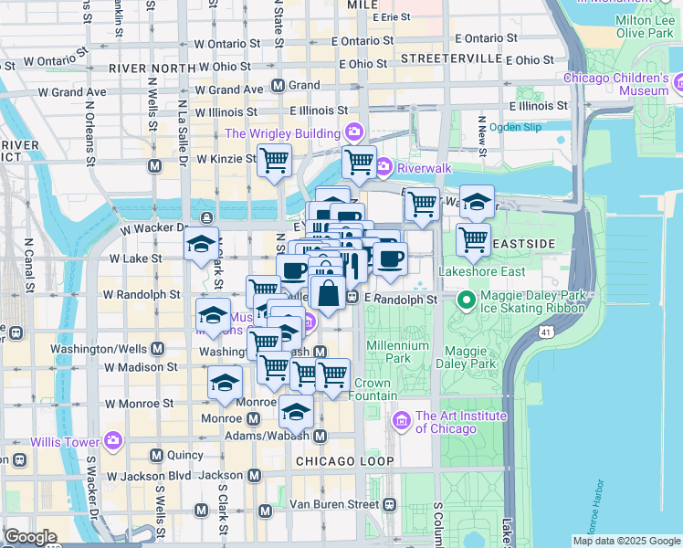 map of restaurants, bars, coffee shops, grocery stores, and more near 154 North Garland Court in Chicago
