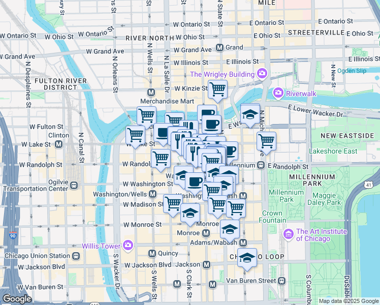 map of restaurants, bars, coffee shops, grocery stores, and more near 111 North Dearborn Street in Chicago