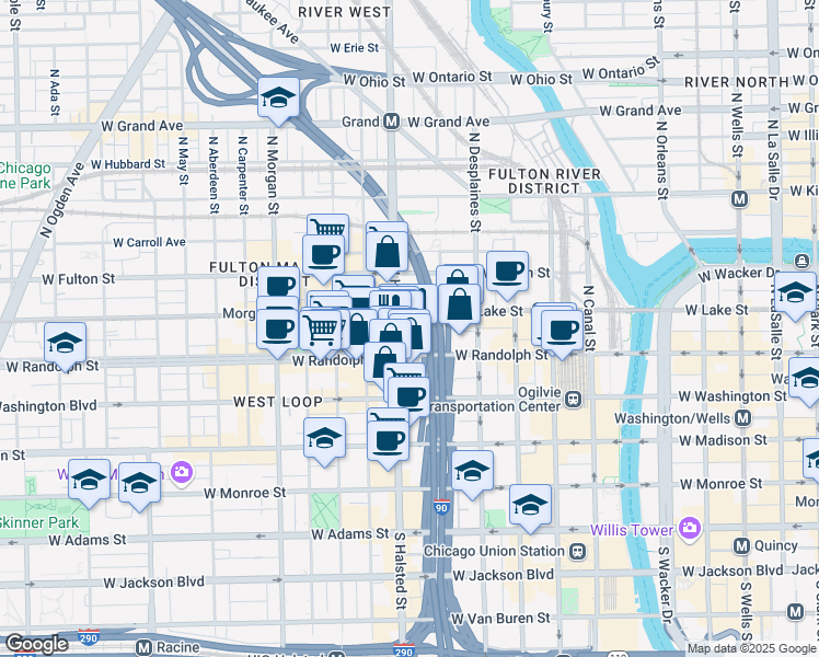 map of restaurants, bars, coffee shops, grocery stores, and more near 708 West Randolph Street in Chicago