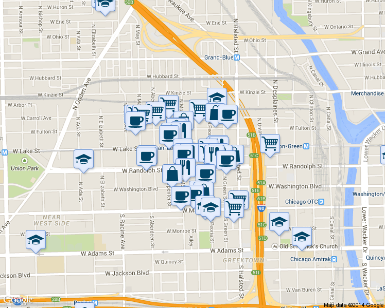 map of restaurants, bars, coffee shops, grocery stores, and more near in Chicago