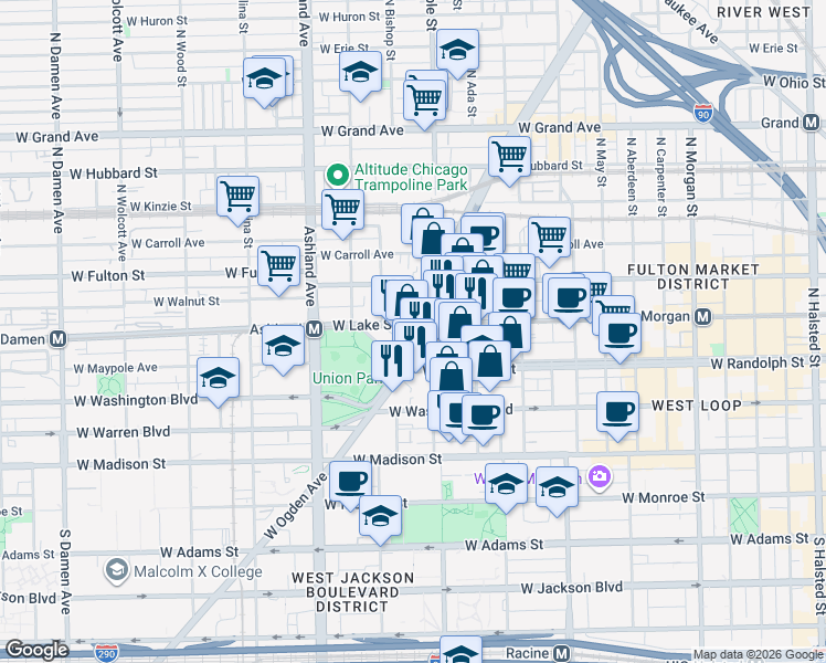 map of restaurants, bars, coffee shops, grocery stores, and more near in Chicago