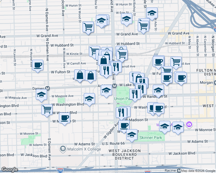 map of restaurants, bars, coffee shops, grocery stores, and more near 1638 West Maypole Avenue in Chicago