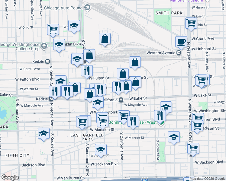 map of restaurants, bars, coffee shops, grocery stores, and more near 2830 West Lake Street in Chicago