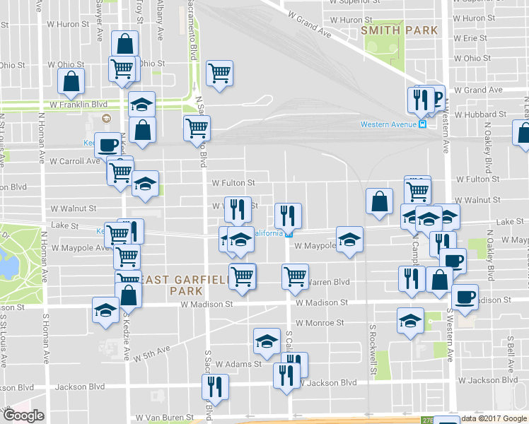 map of restaurants, bars, coffee shops, grocery stores, and more near 2830 West Lake Street in Chicago