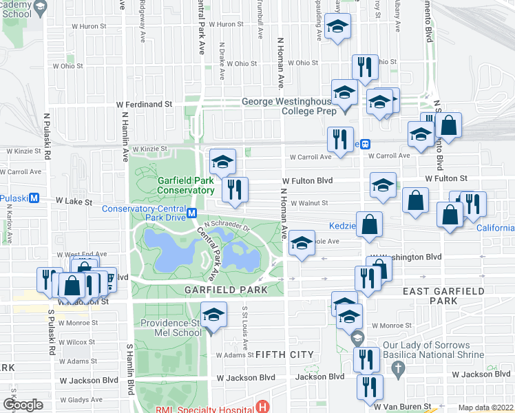 map of restaurants, bars, coffee shops, grocery stores, and more near 3320 West Lake Street in Chicago