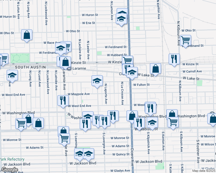 map of restaurants, bars, coffee shops, grocery stores, and more near 201 North Laporte Avenue in Chicago