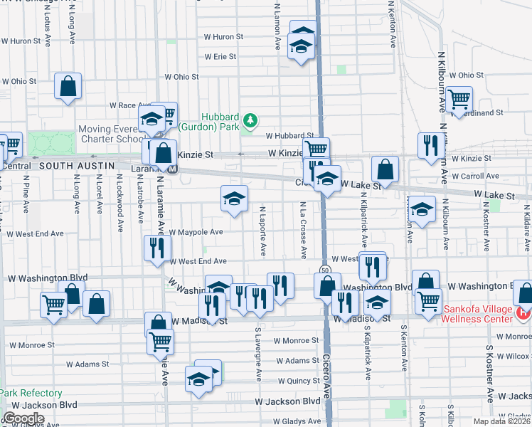 map of restaurants, bars, coffee shops, grocery stores, and more near 201 North Laporte Avenue in Chicago
