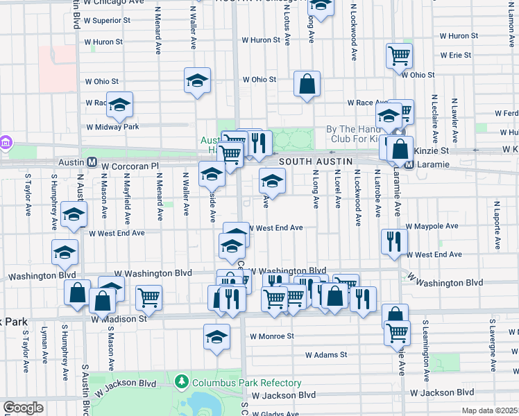 map of restaurants, bars, coffee shops, grocery stores, and more near 204 North Pine Avenue in Chicago