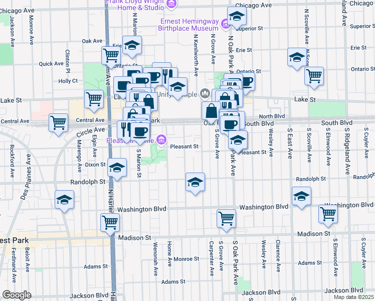 map of restaurants, bars, coffee shops, grocery stores, and more near 224 Clinton Avenue in Oak Park