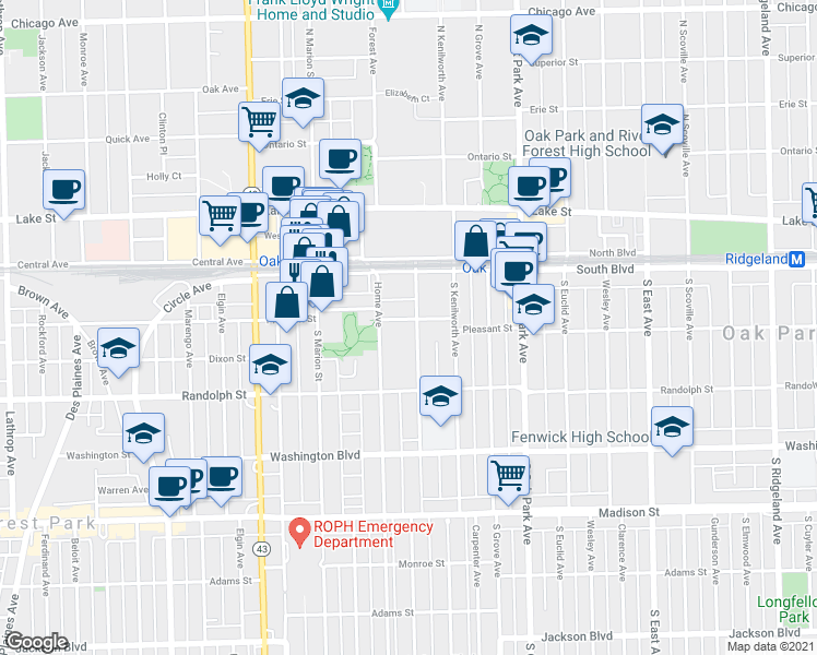 map of restaurants, bars, coffee shops, grocery stores, and more near 224 Home Avenue in Oak Park