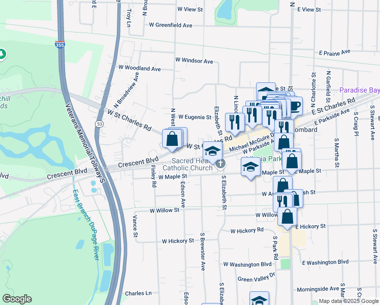 map of restaurants, bars, coffee shops, grocery stores, and more near 344 West Maple Street in Lombard
