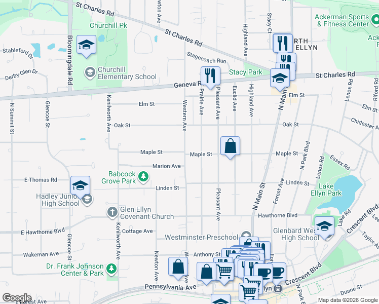 map of restaurants, bars, coffee shops, grocery stores, and more near 684 Western Avenue in Glendale Heights