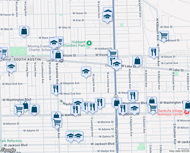 map of restaurants, bars, coffee shops, grocery stores, and more near 201 North Laporte Avenue in Chicago