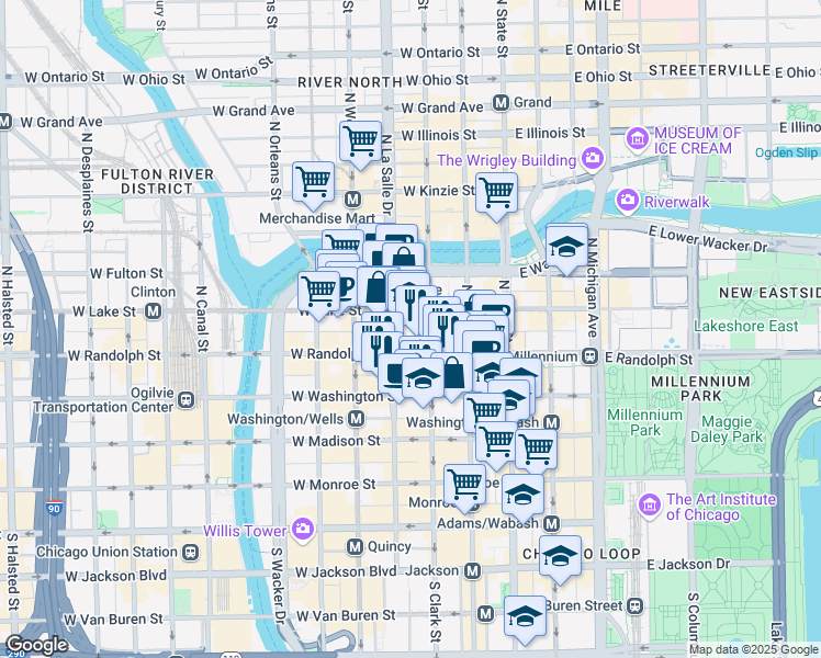 map of restaurants, bars, coffee shops, grocery stores, and more near 300 Chicago Pedway System in Chicago